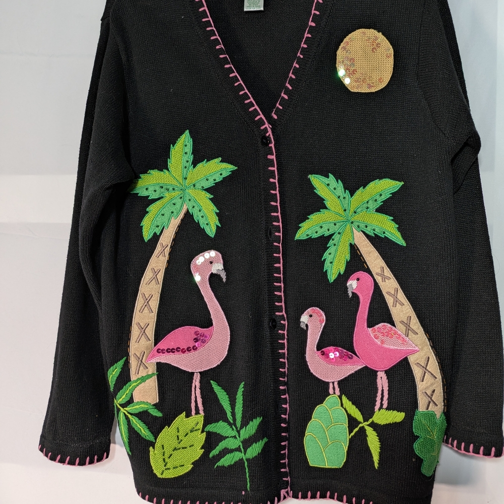 Quacker Factory Black Flamingo & Palm Embroidered Women's Cardigan Sweater